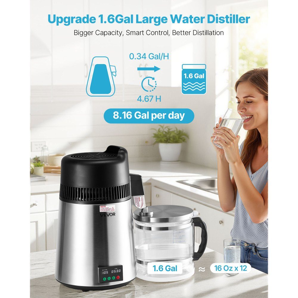 Wasserdestilliergerät 6L größerer Reinwasserfilter, 900W Glasdestilliergerät, Trinkwassergerät mit Edelstahlinnenraum zur Herstellung von sauberem Wasser, Wasserdestilliergerät Silber