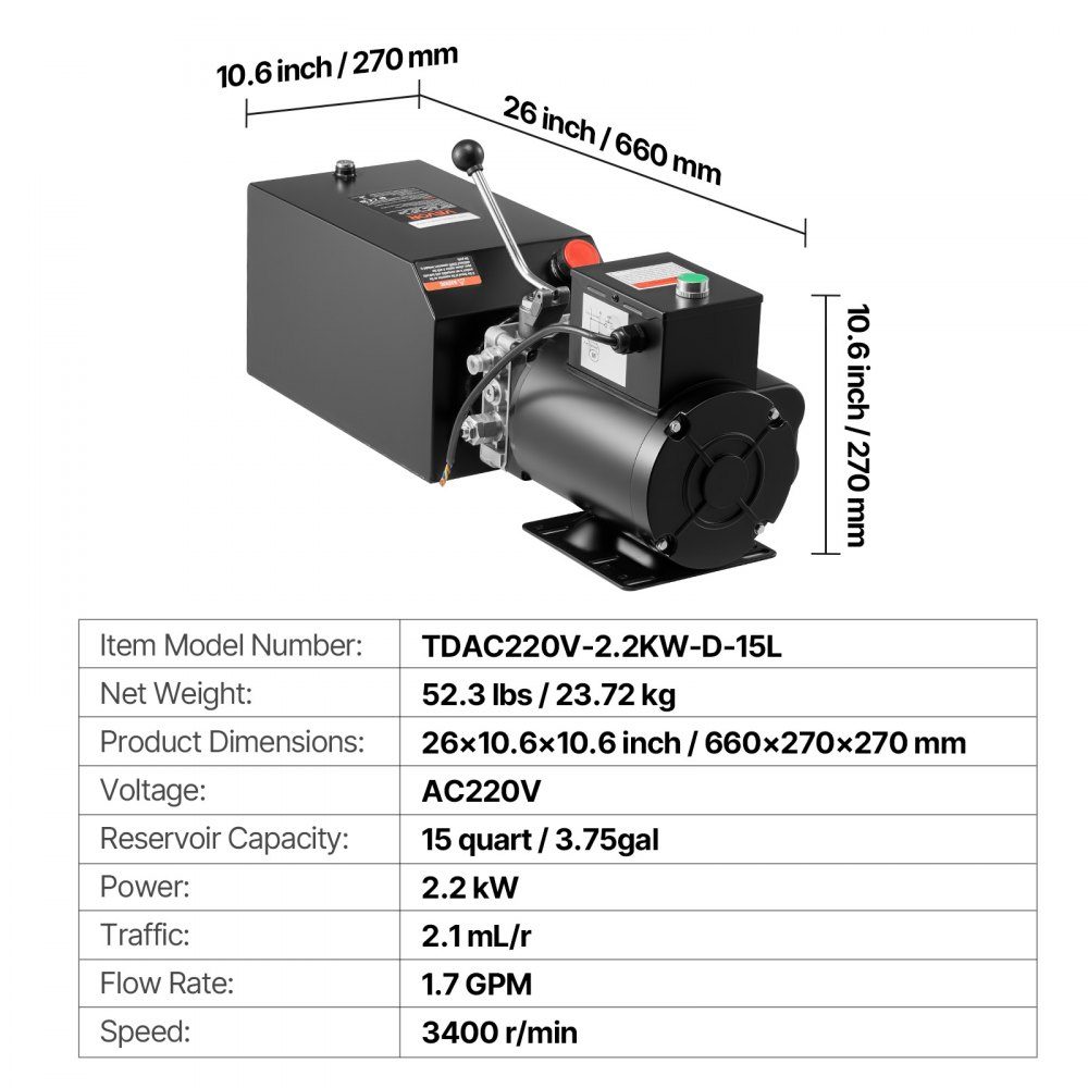 Hydraulic Pump Hydraulic Units AC 220V, 15Qt Single Acting Hydraulic Unit, 6.3L/min Oil Flow, Max Delivery Pressure 22MPa for Dump Trucks, Automotive Workshops, Lifts, Black