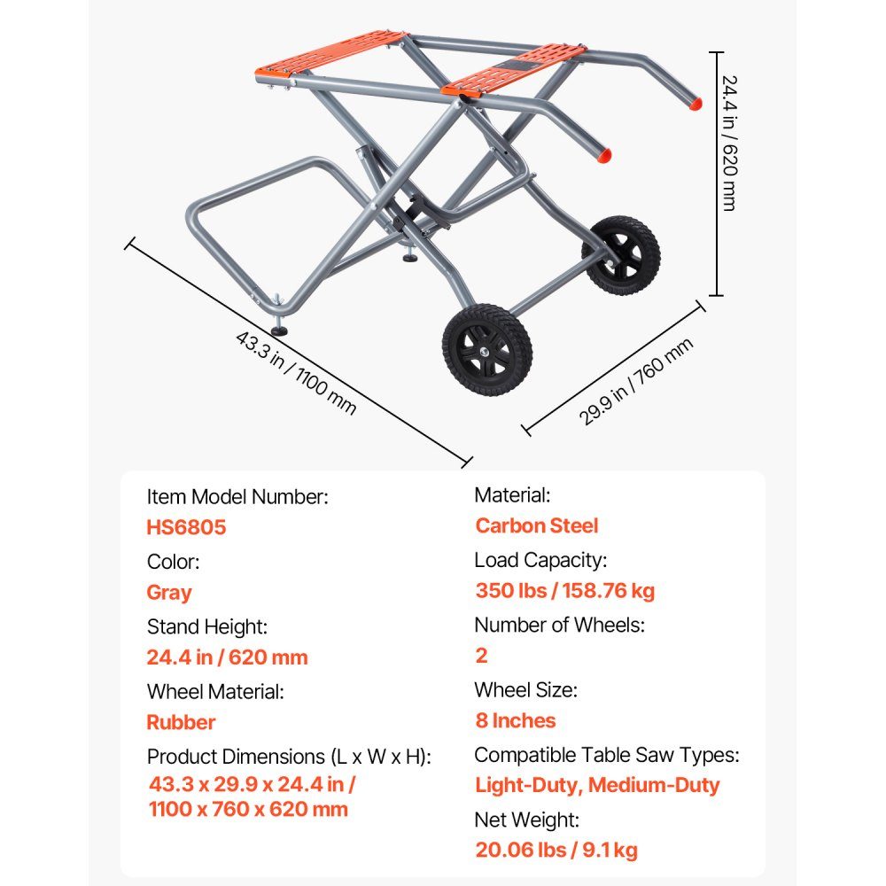 Table Saw Stand, 158kg Load Capacity, Rolling Folding Base with 8" Rubber Wheels, Easy Storage, Universal for Most Brands Table Saws, 1100 x 760 x 620mm