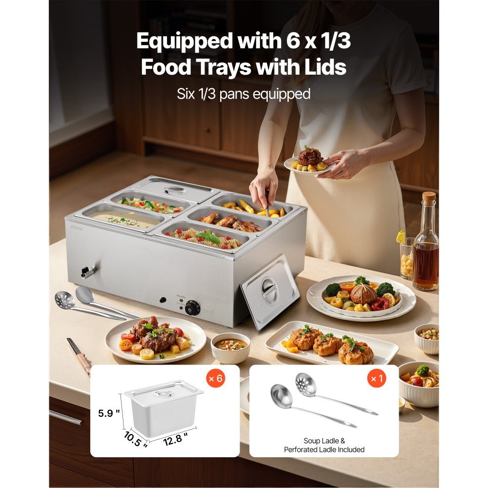 Réchauffeur de nourriture commercial (6 récipients de taille 1/3), récipient chauffant électrique en acier inoxydable de 1,5 kW avec couvercle et louche à soupe, ensemble de réchauds pour restauration, restaurant, fête