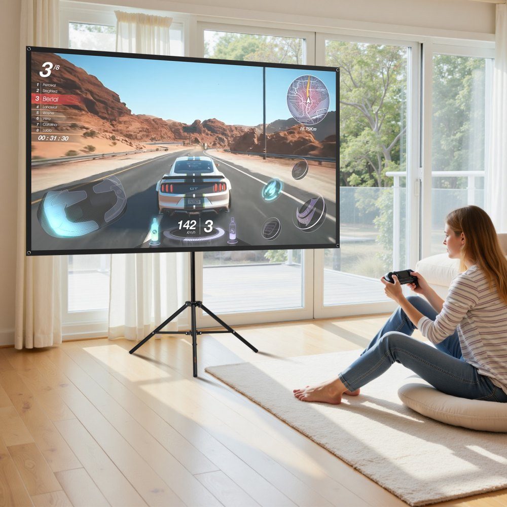 Projection screen tripod screen (80 inch) with 160° wide angle, projector screen for indoor and outdoor projector 16:9 4K HD, portable film screen with carrying bag for home cinema presentation