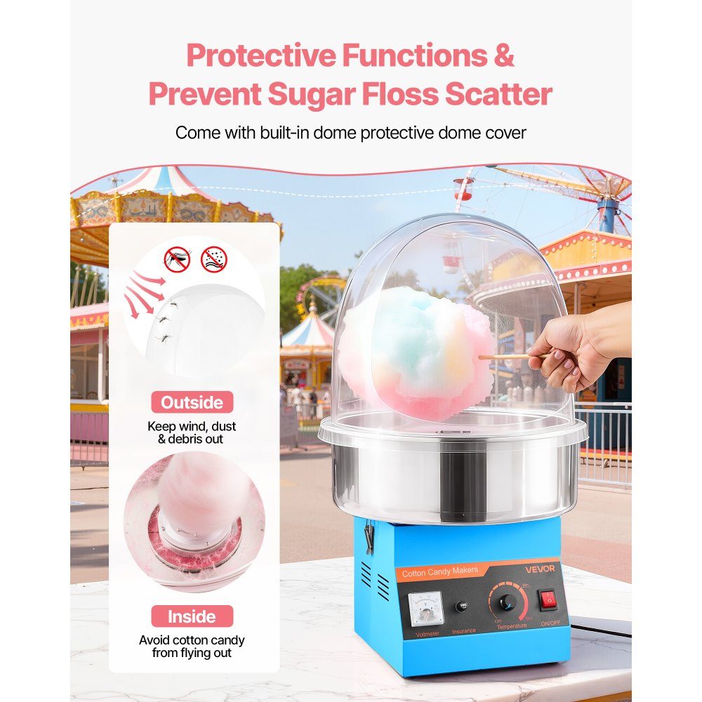 Electric Cotton Candy Machine 1000W, Cotton Candy Machine with Lid & Stainless Steel Bowl & Sugar Spoon, Ideal for Carnival, Birthdays, Family Gatherings, Cotton Candy Machine Blue