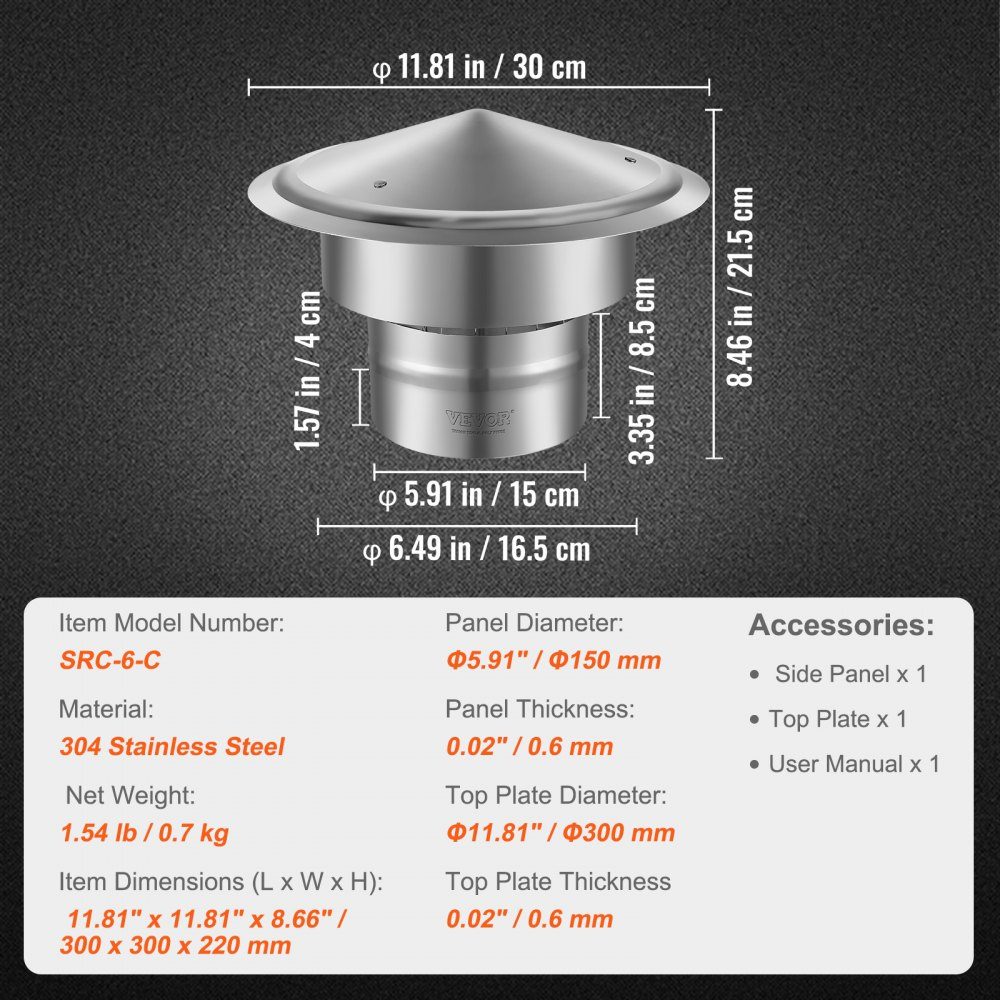 Chimney Cover, 304 Stainless Steel, Chimney Hood, 300 x 300 x 220mm, Chimney Cover, Rain Hood, Chimney Hood, Φ150mm Plate Diameter, Chimney Hat, Compatible with Various Types of Chimneys