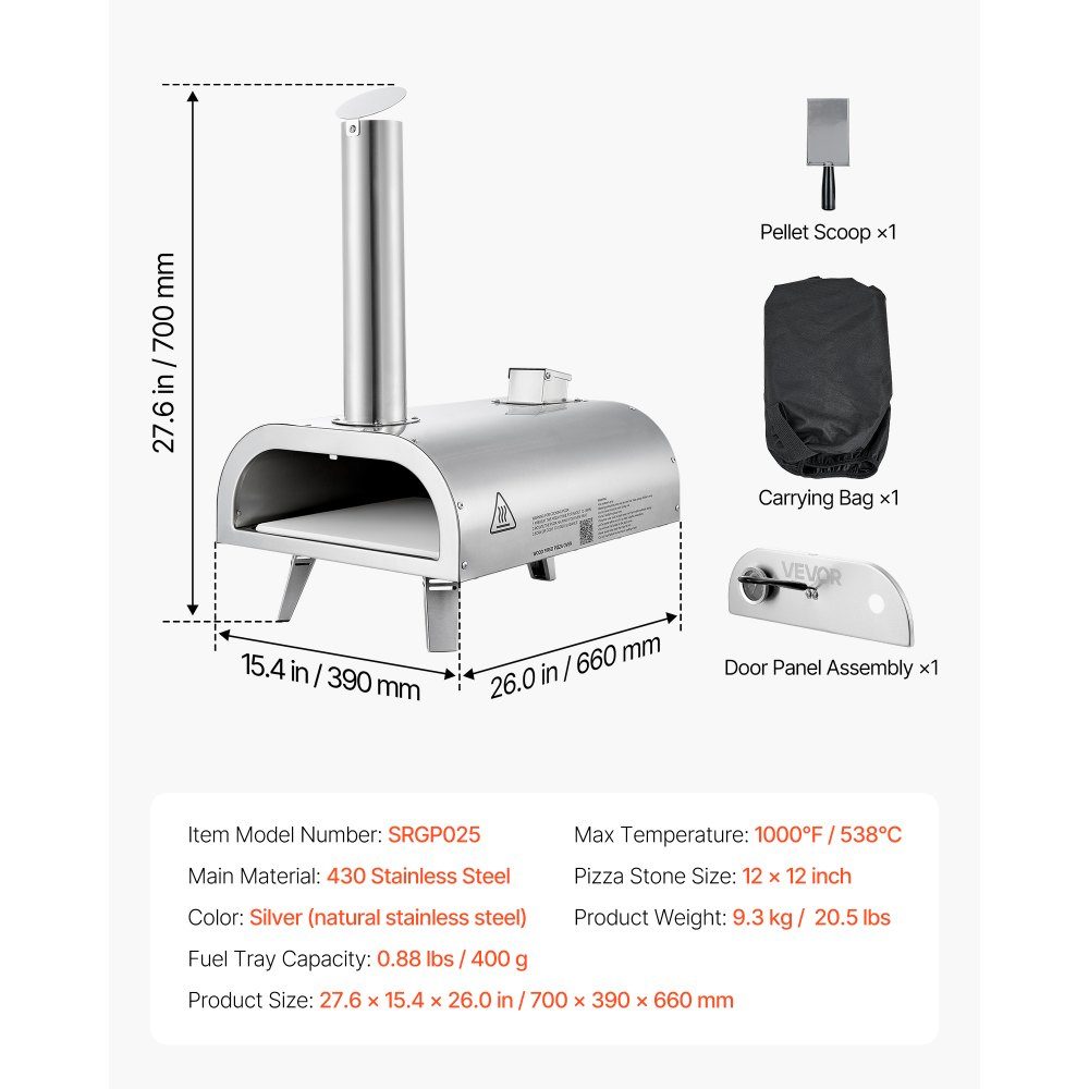 Outdoor Pizza Oven, 12" Pellet Pizza Oven, Portable Pizza Oven with Built-in Thermometer, Wood Burning Stove, Pizza Stone, Shovel and Carry Bag, Stainless Steel Pizza Maker for Garden Camping