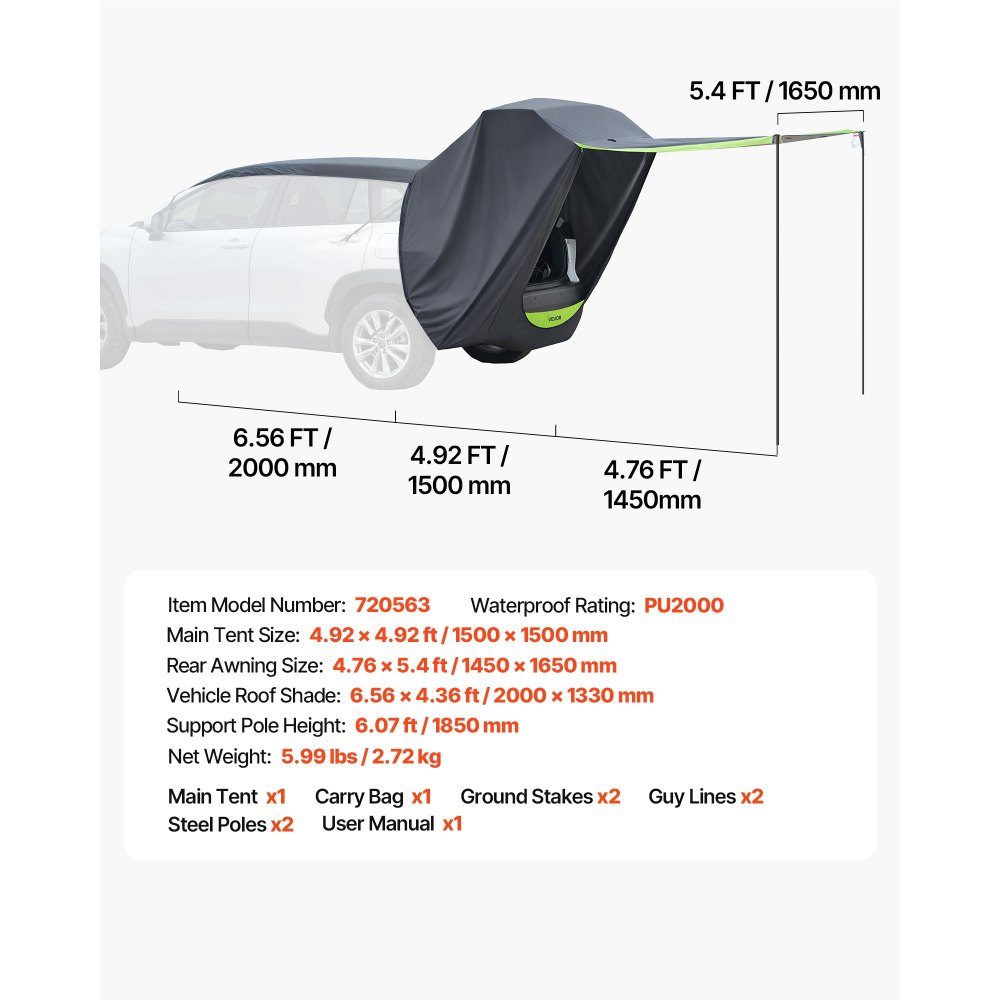 Heckklappenzelt, Autozelt (1,5 x 1,5 m Hauptzelt), wasserdicht (PU2000 mm), Campingzelt mit Markise und Tragetasche, SUV-Heckzelt für Camping, Wandern, Outdoor-Aktivitäten, tragbar