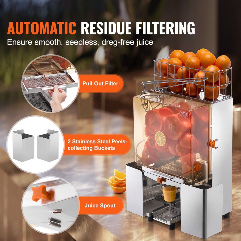 Commercial Orange Juicer, 120W Automatic Juicer, Stainless Steel Orange Juicer for 20 Oranges per Minute, with Pull Out Filter Box, PC Cover, Citrus Juicer, Electric Citrus Juicer