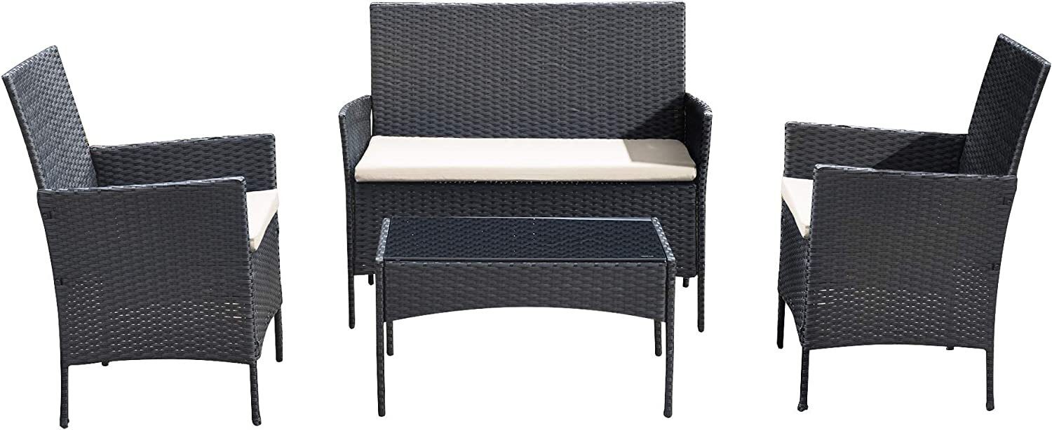 Ribelli 4 Piece Garden Furniture Set, Lounge Set, Cream Cushions - PE Rattan - Table Plus Two Chairs and 1 Bench - Convenient to Store (4 Pieces Black/Cream)