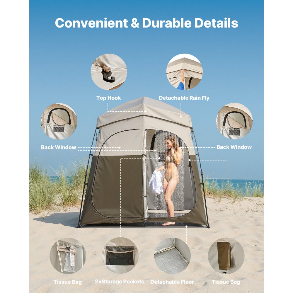 Tente de douche, tente de toilettes (2140x1120x213 cm) avec écran d'intimité et 2 pièces, tente à langer avec piquets, cordes et sac de transport, tente d'intimité en tissu Oxford 150D pour le camping, la plage, la pêche