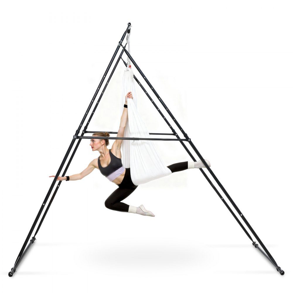 Aerial Yoga Frame Schommelstandaard met 6 m yogahangmat (wit) en Max. 200 kg laadvermogen, driehoekige structuur en EVA-schuim, horizontale aanpassing op 4 niveaus en verticale aanpassing op 6 niveaus