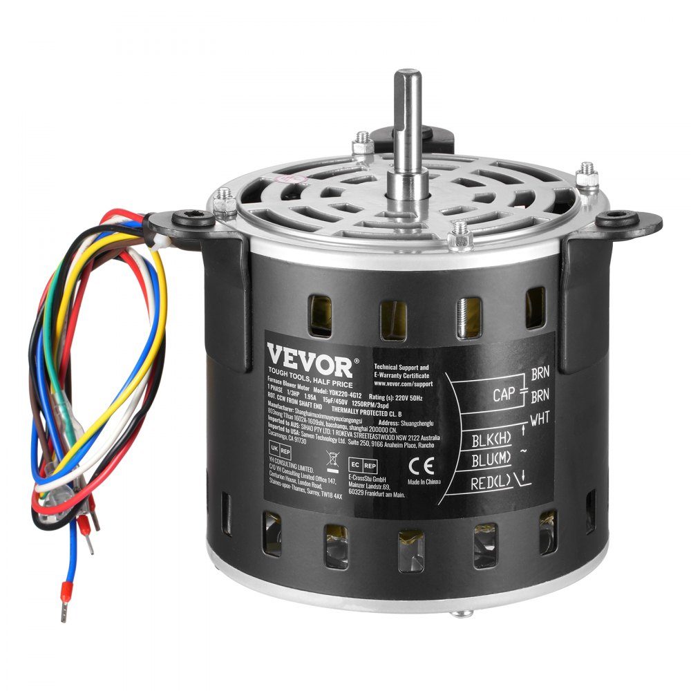 1/3 HP blower motor, 220V, 1.95A, 1250RPM, 3 speeds (750/950-1250RPM), 10mm shaft diameter, 20mm shaft RED clockwise from shaft end, including CBB60 15μF/450V capacitor