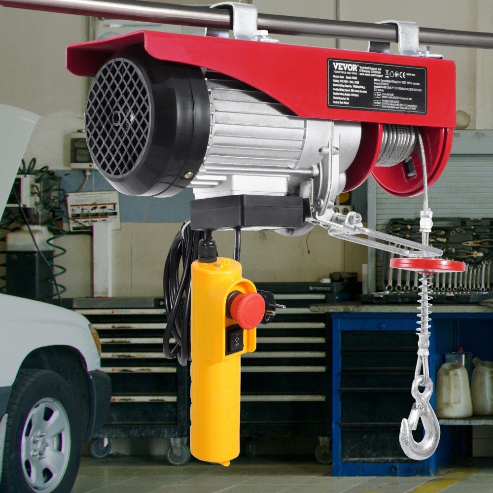 Electric Winch, 800kg Motor Winch with 4.2m Cable Remote Control, 12m Lifting Height with Single Cable, Single/Double Slings, Emergency Stop, Hoist for Garage, Warehouse, Factory
