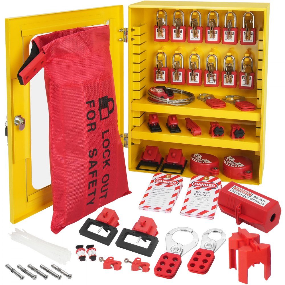 Electric Lockout Tagout Kit, 59 piece security lockout tagout set with padlocks, hasps, tags, cable ties, plug lock and circuit breaker latches