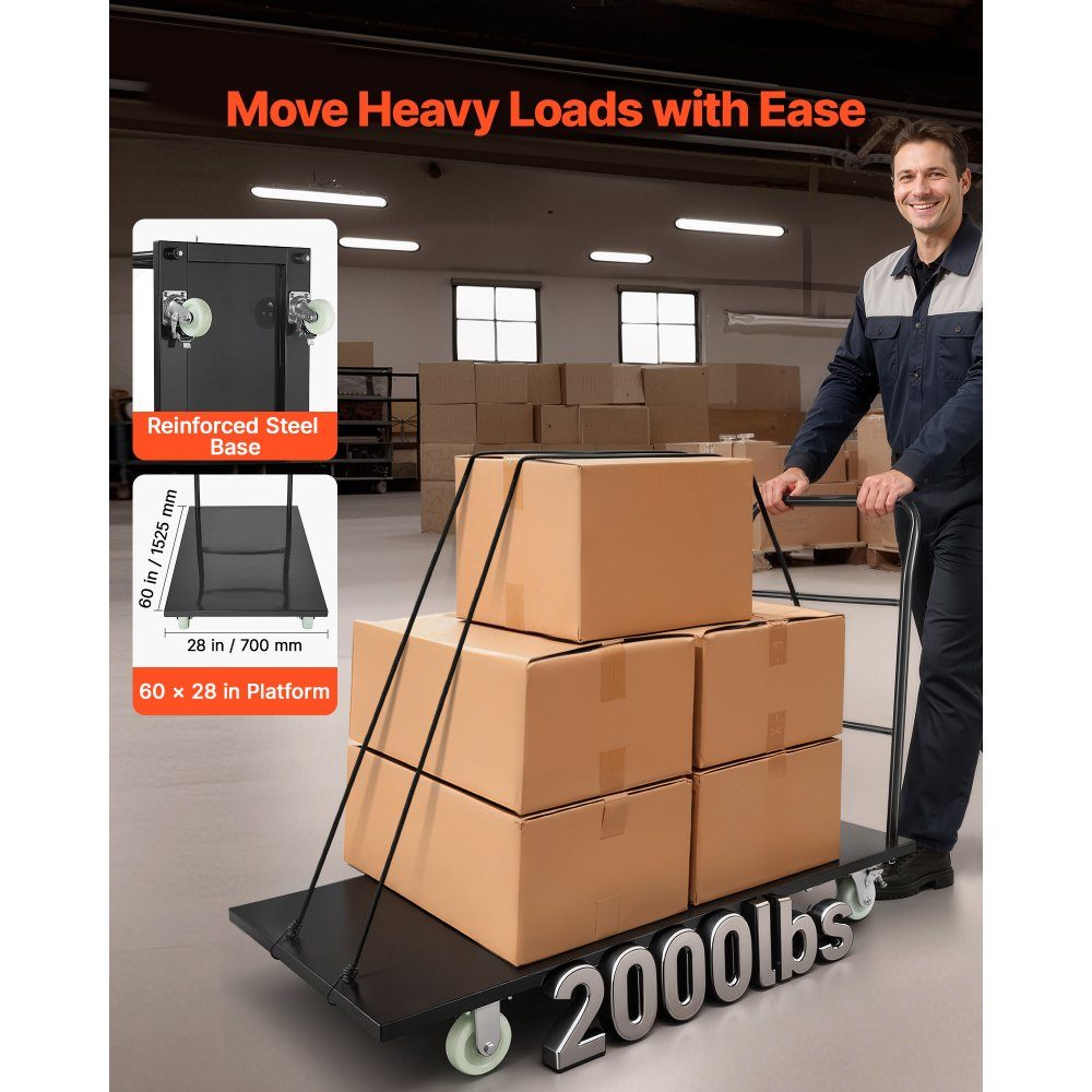 Folding Platform Trolley 907kg, Transport Trolley with Swivel Wheels and Handle, Storage Trolley, Heavy Duty Luggage Transport Trolley, Ideal for Warehouse, Workshop, Factory, 1525x700x1090mm