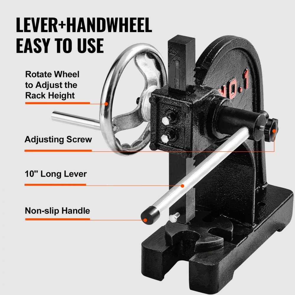 Mandrel Press, 1 Ton Hand Lever Press, Manual Mandrel Press Precision Hand Press, 135mm Maximum Height, Desktop Manual Cast Iron Punch Press for Punching, Bending, Stretching, Forming