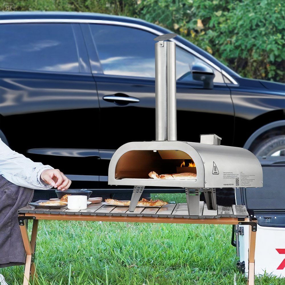 Outdoor Pizza Oven, 12" Pellet Pizza Oven, Portable Pizza Oven with Built-in Thermometer, Wood Burning Stove, Pizza Stone, Shovel and Carry Bag, Stainless Steel Pizza Maker for Garden Camping