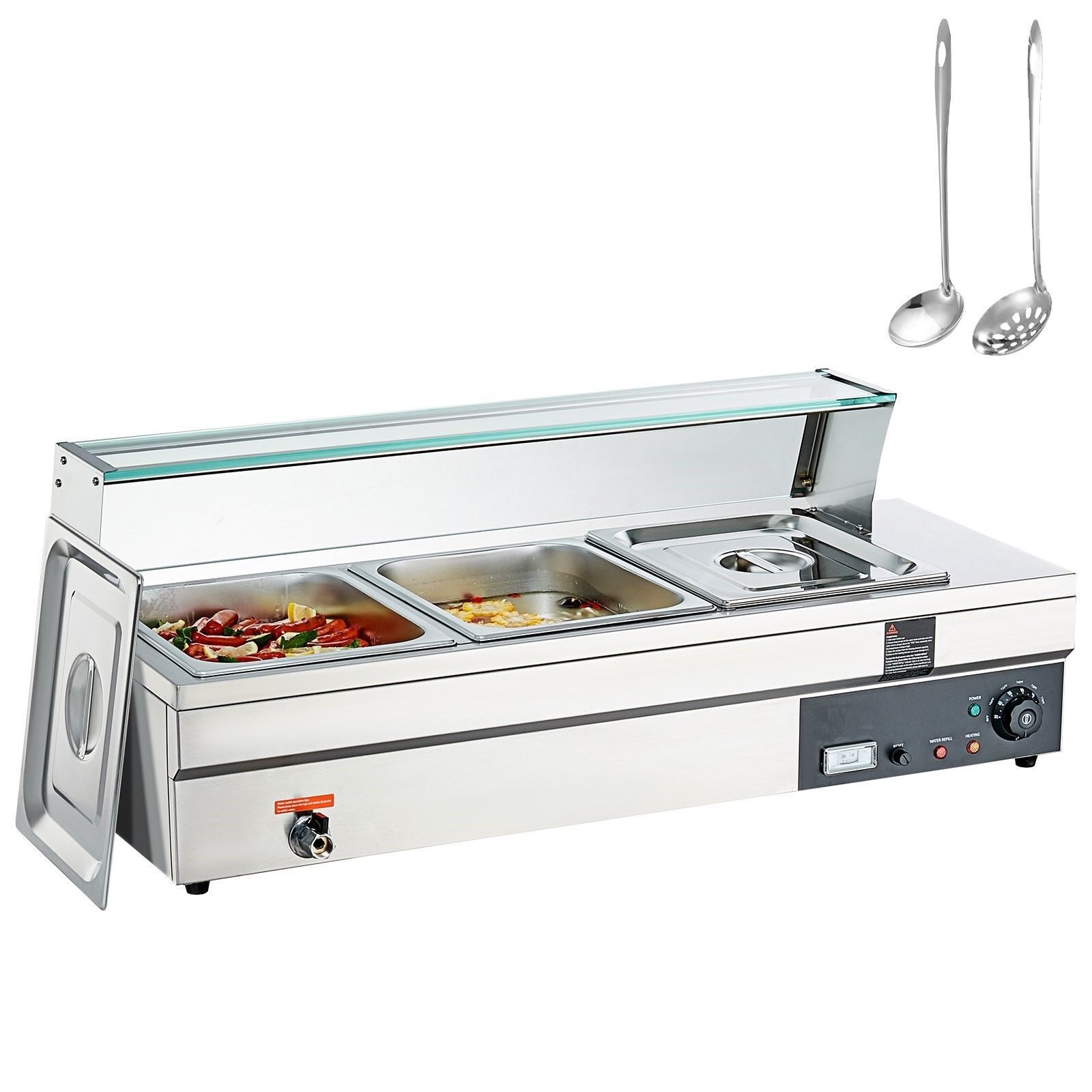 Buffetwärmer aus Edelstahl, Speisenwärmer, Buffetbehälter. Jede Heizplatte kann verwendet werden, einschließlich Glasdeckel, Ablasshahn und Trockenbrennanzeige, für Kantine, Café usw. Chafing Dish
