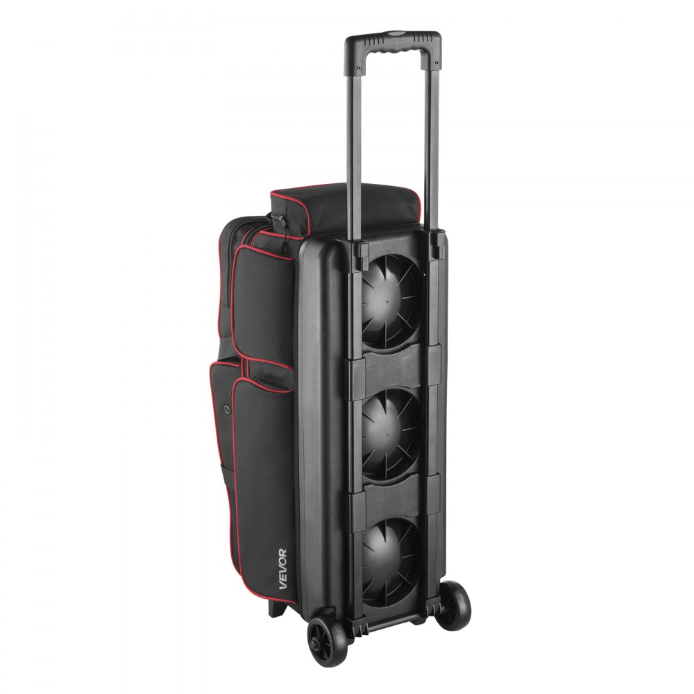 Bowlingbaltas voor 3 ballen met dubbele wielen en apart compartiment voor schoenen (tot US maat 16) en extra groot accessoirevak, uittrekbaar handvat uitschuifbaar tot 105 cm Zwart + Rood Bowlingbaltas voor 3 ballen met dubbele wielen en apart compartiment voor schoenen (tot US maat 16) en extra groot accessoirevak, uittrekbaar handvat uitschuifbaar tot 105 cm Zwart + Rood