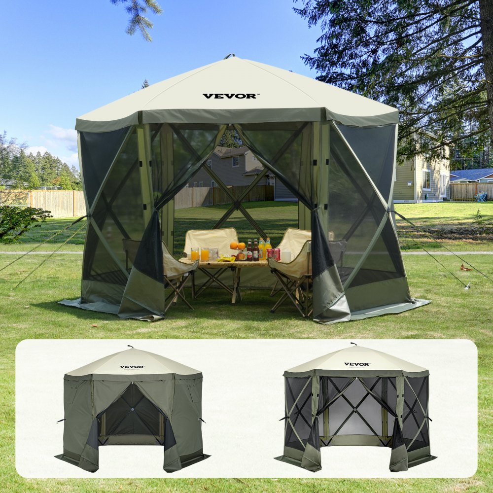 Pop-up tuinhuisje, pop-up tent met 6 zijluifels, zonnescherm met 6 verwijderbare privacy-winddoeken en gaasramen, 3 x 3 meter, snelle tent met klamboe, legergroen Pop-up tuinhuisje, pop-up tent met 6 zijluifels, zonnescherm met 6 verwijderbare privacy-winddoeken en gaasramen, 3 x 3 meter, snelle tent met klamboe, legergroen
