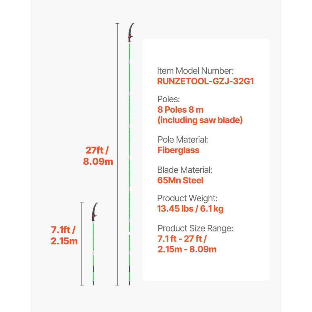 Astsäge mit Teleskopstiel, 2,15-8,09 m verstellbar, Sägeblatt aus 65Mn-Stahl, leichter Fiberglasstab, zum Trimmen hoher Äste, Teleskop-Baumsäge für Palmenbüsche