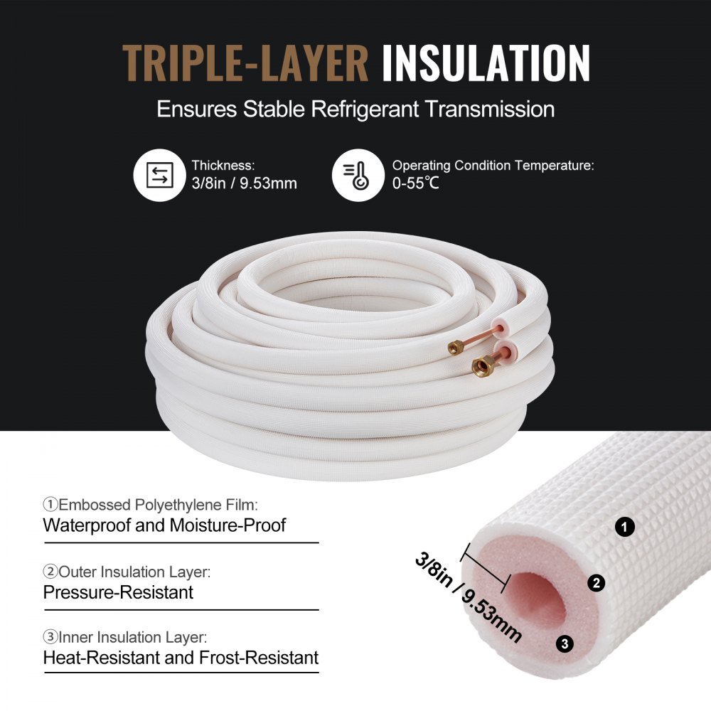 50FT mini split line kit, 1/4" and 1/2" OD copper tubing with triple layer insulation, for mini split air conditioning, refrigerant or heat pump equipment and HVAC with 50FT mini split line kit, 1/4" and 1/2" OD copper tubing with triple layer insulation, for mini split air conditioning, refrigerant or heat pump equipment and HVAC with