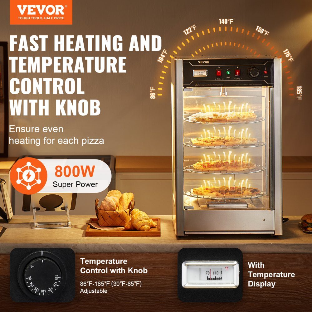 Commerciële Voedselverwarmer voor 14" Pizza, 4-laags Pizzaverwarmer met Roterende Stoomverwarmer, 30℃~85℃ Temperatuurregeling en Temperatuurweergave, 25W Ovenlicht + Top-LED voor Pizzeria, Restaurant