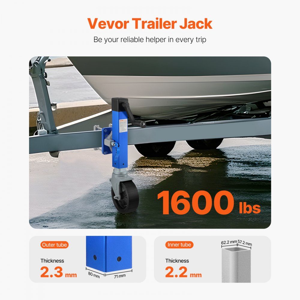 Cric de remorque avec roue, support de remorque de 725 kg, cric de remorque de bateau pivotant en PP à roue unique, moyeu de 254 mm, remorque de voyage boulonnée avec poignée pour camping-car, bateau, remorque à chevaux, remorque utilitaire