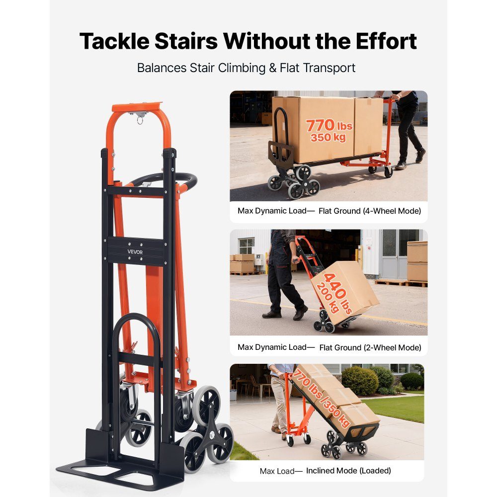 3-in-1 stair truck, sack truck max. load capacity 350 kg, folding transport trolley with handle & wheels, stair climber transport trolley, stacking trolley, stair climber trolley, orange & silver
