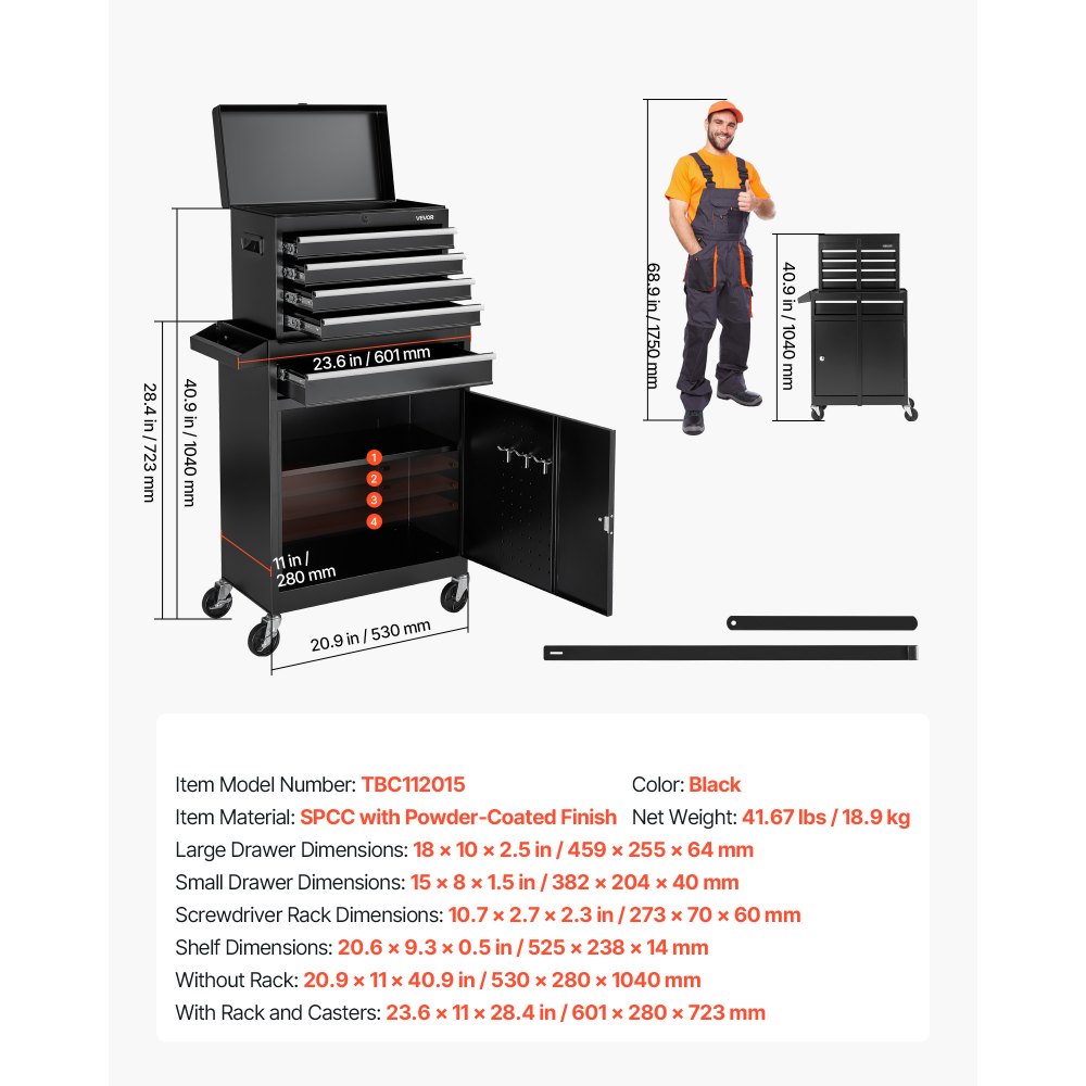 Werkplaatswagen, 2-in-1 design gereedschapswagen met 5 laden en uitneembare metalen gereedschapskist, sluitstang, beschermende voering en gereedschapsrek, garage-organizer voor magazijn, werkplaats Werkplaatswagen, 2-in-1 design gereedschapswagen met 5 laden en uitneembare metalen gereedschapskist, sluitstang, beschermende voering en gereedschapsrek, garage-organizer voor magazijn, werkplaats