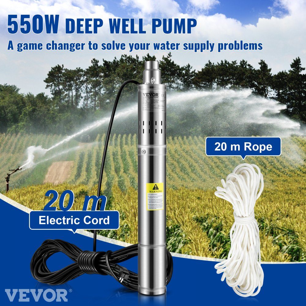 76 mm diepe bronpomp 550 W bronpomp max. debiet 35 L/min dompelpomp max. afleverhoogte 108 m. Dompelpomp zandbestendig