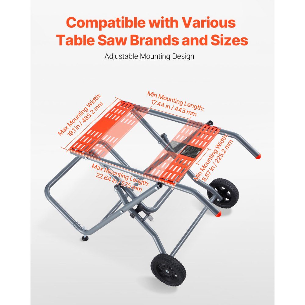 Table Saw Stand, 158kg Load Capacity, Rolling Folding Base with 8" Rubber Wheels, Easy Storage, Universal for Most Brands Table Saws, 1100 x 760 x 620mm