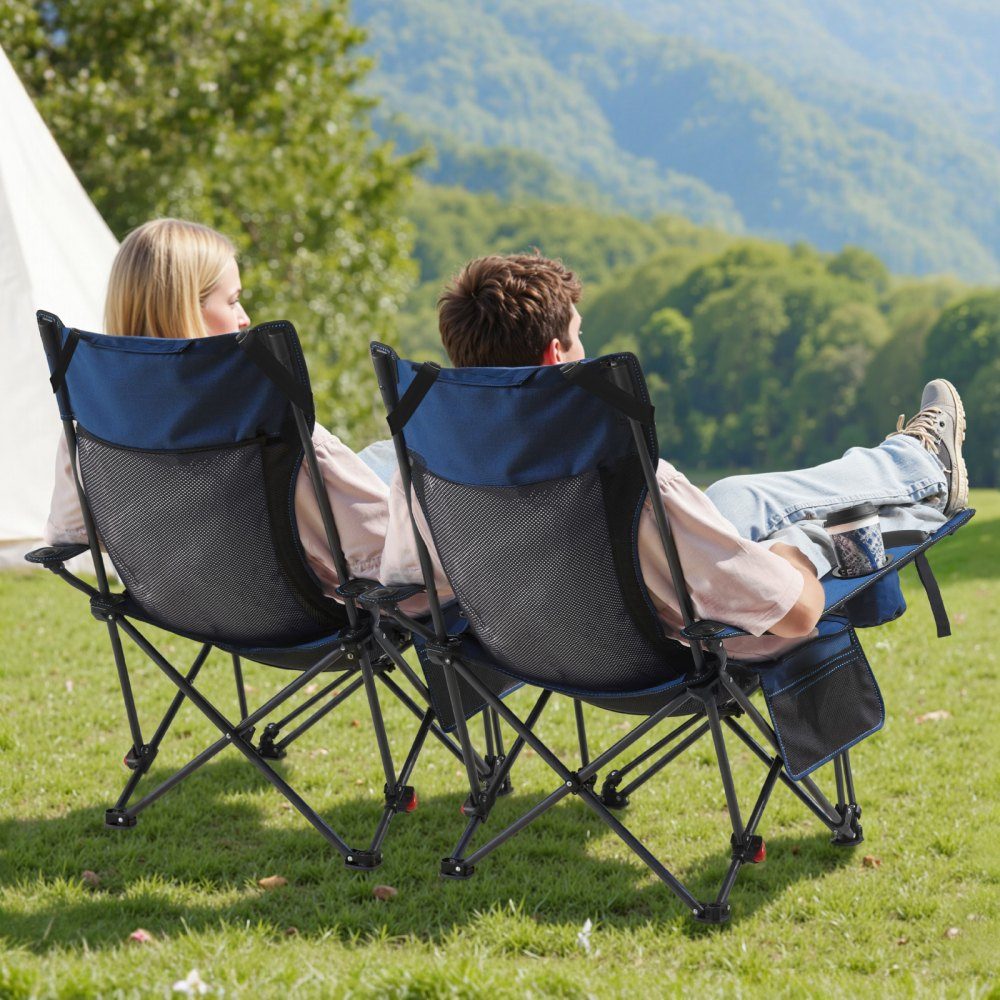 Opvouwbare campingstoel, ligstoel met 4 verstelbare standen, relaxstoel ligstoel met bekerhouder, strandstoel met hoofd- en voetsteun, draagvermogen 100 kg, voor buiten kamperen, blauw