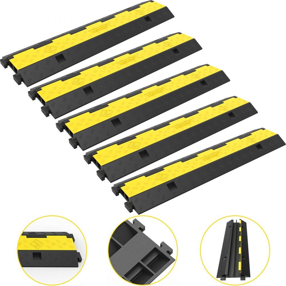 Lot de 5 tapis de protection de câbles 2 canaux 101 x 24,5 x 5 cm, capacité de charge du pont de câbles env. 5T en PVC et caoutchouc pour câbles de modules, protection contre l'écrasement des câbles, idéal pour les bureaux, aires de jeux, parkings, noir