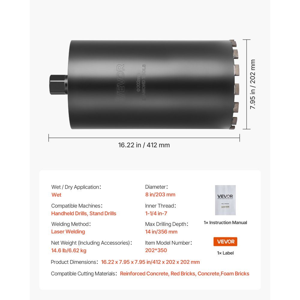 Core drill φ 203 mm, 356 mm drilling depth, 1-1/4 inch-7 internal thread, high-precision welding technology, wet diamond core drill, core hole drill for reinforced concrete brick masonry