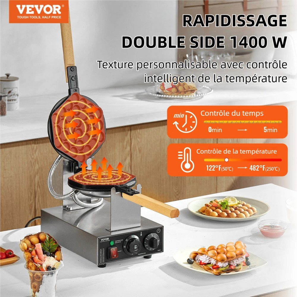 Kommerzielles Blasenwaffeleisen, Eierpfannkuchenmaschine 1400 W, Waffeleisen aus Edelstahl mit antihaftbeschichteter Backfläche, Temperatur- und Zeitkontrolle, für Restaurant-Bäckerei-Snackbar