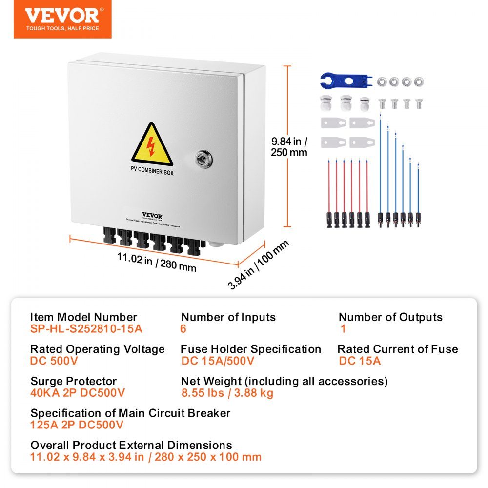 PV-opvangbox, 6 strings, zonne-opvangbox met 15-A-Nennstromsicherung, 125A stroomonderbreker, bliksemafleider en zonneconnector, stalen behuizing voor on/off grid zonnepaneelsysteem, IP65