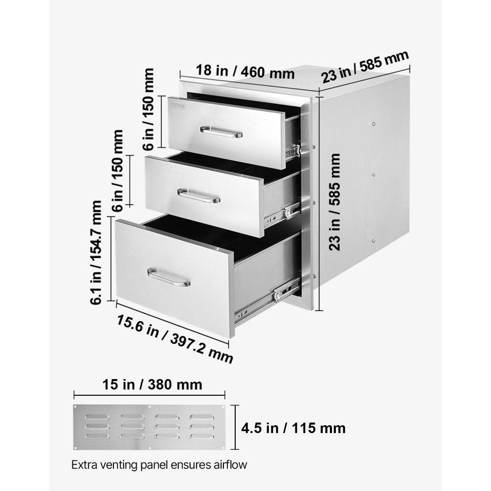 Buitenkeuken, roestvrijstalen grillladen met drievoudige toegang en chromen handgreep, 458 x 585 x 588 mm