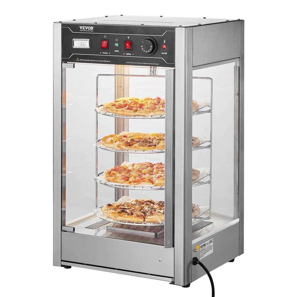 Commerciële Voedselverwarmer voor 14" Pizza, 4-laags Pizzaverwarmer met Roterende Stoomverwarmer, 30℃~85℃ Temperatuurregeling en Temperatuurweergave, 25W Ovenlicht + Top-LED voor Pizzeria, Restaurant