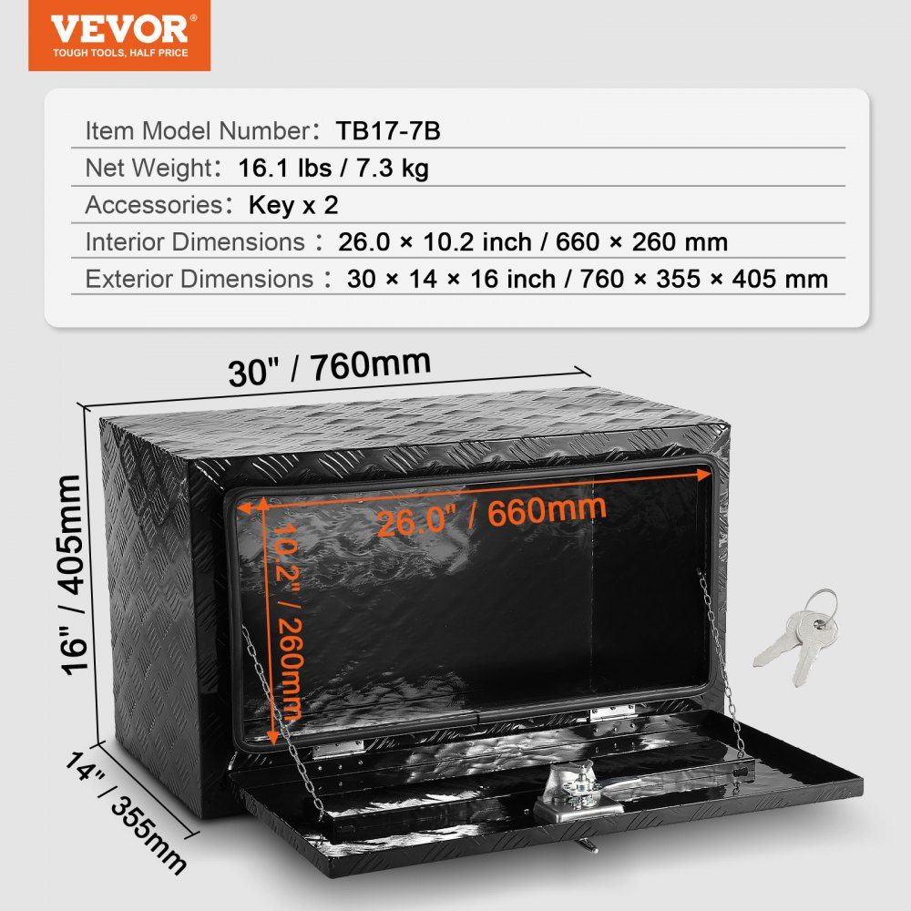 Truckbox Tool Box Underbody Trailer Box Tool Box 760x355x405mm Storage Box Aluminum Alloy 30kg Tool Box Lockable Tool Box Black