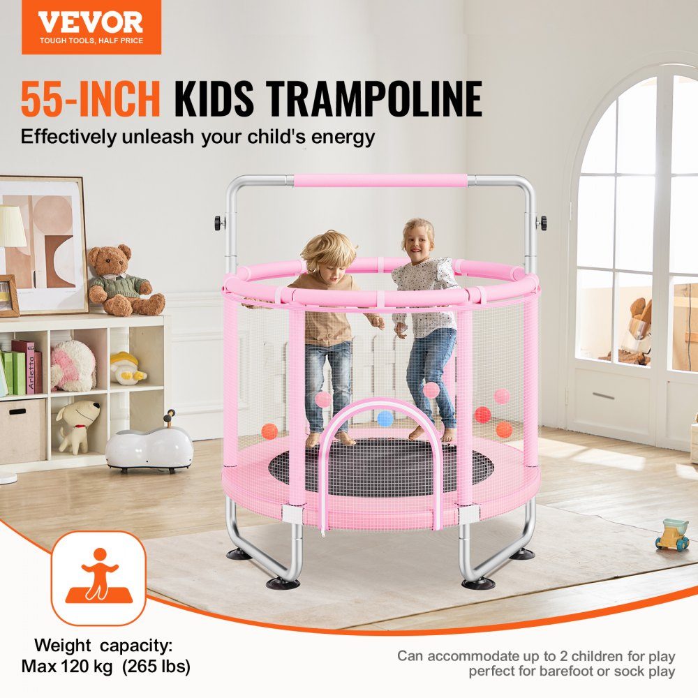 Kindertrampolin, Mini-Freizeittrampolin 147 cm, für Kleinkinder, verstellbar, mit Sicherheitsnetz & Basketballkorb, Geburtstagsgeschenk, Weihnachtsspielzeug für Kinder ab 3 Jahren, Rosa
