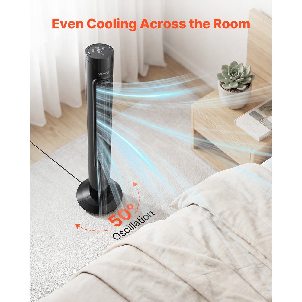 50 W Turmventilator, 985 mm Säulenventilator mit 3 Geschwindigkeiten, 3 Modi, 7,5-Stunden-Timer, 50° oszillierender Ventilator mit Fernbedienung, leiser Standventilator für Schlafzimmer, Büro, Schwarz