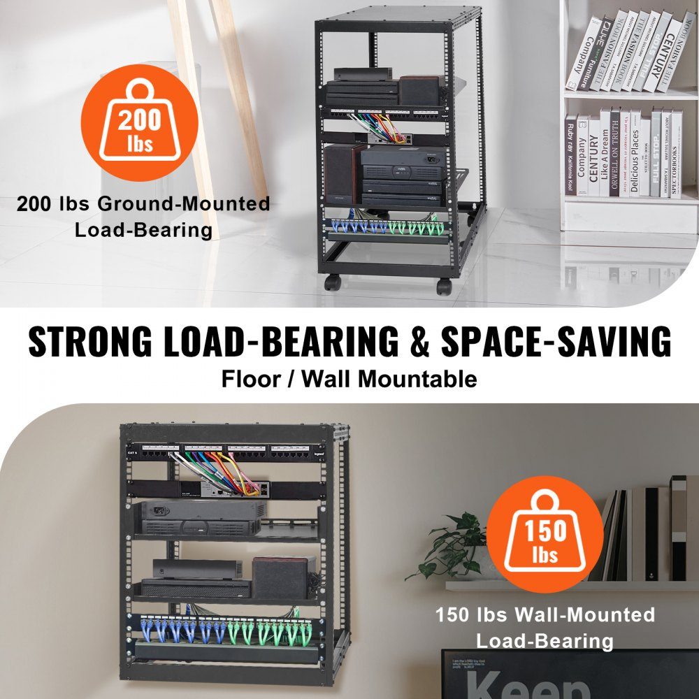 20U open frame server rack, freestanding or wall mounted network server rack, 4 post AV rack with wheels, can accommodate all your network IT equipment and AV equipment