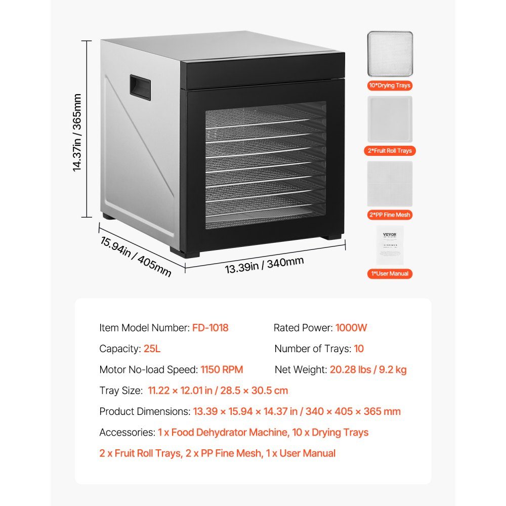 Déshydrateur Déshydrateur 10 bols en acier inoxydable, séchoir électrique 1000 W avec température réglable, lyophilisateur pour viande séchée, viande, fruits, légumes, herbes, friandises pour chiens – Réf. HT-23699
