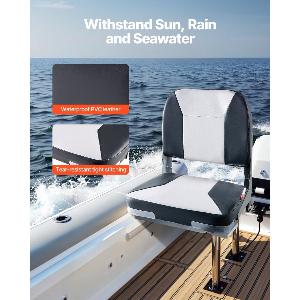 1 Piece Boat Seat Low Back Folding Fishing Boat Seat with Thick Sponge Cushion and Waterproof PVC Leather Aluminum Alloy Hinges Black Gray