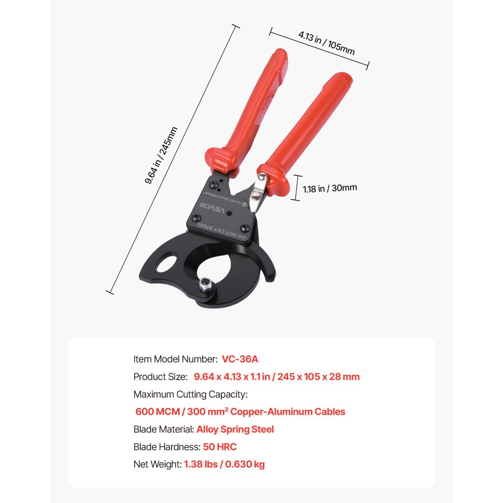 Ratschen-Kabelschneider, Federstahlklingen mit PVC-beschichteten Griffen, Schnelllöseknopf, Ratschen-Kabelschneider zum Schneiden von Kupfer- und Aluminiumkabeln bis 600 MCM / 300 mm² Ratschen-Kabelschneider, Federstahlklingen mit PVC-beschichteten Griffen, Schnelllöseknopf, Ratschen-Kabelschneider zum Schneiden von Kupfer- und Aluminiumkabeln bis 600 MCM / 300 mm²