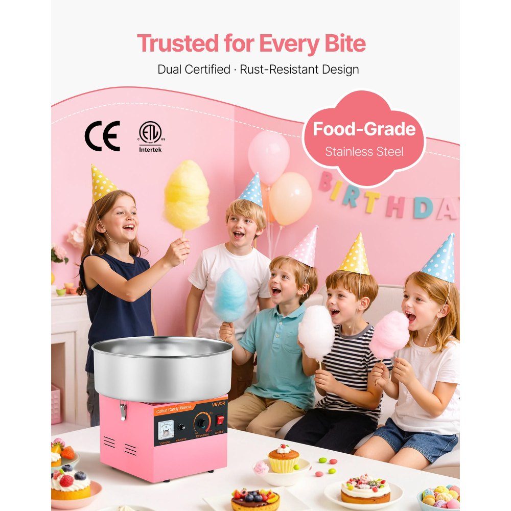 Machine à barbe à papa, machine à barbe à papa électrique 1000 W avec bol en acier inoxydable de 38 cm et cuillère à bonbons, fait de la barbe à papa pour les anniversaires à la maison, les réunions de famille, rose, 3500 tr/min – Réf. HT-23877