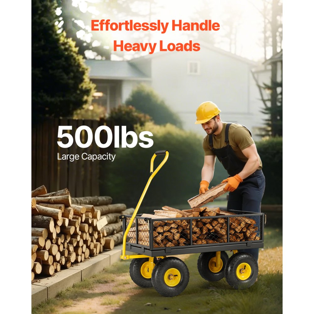 Handwagen 226,80 kg, transportwagen, tuinwagen, materiaalwagen, steekwagen met grote offroad-banden, afneembare zijpanelen van gaasmateriaal en 180° draaibare handgreep, geel/zwart Handwagen 226,80 kg, transportwagen, tuinwagen, materiaalwagen, steekwagen met grote offroad-banden, afneembare zijpanelen van gaasmateriaal en 180° draaibare handgreep, geel/zwart
