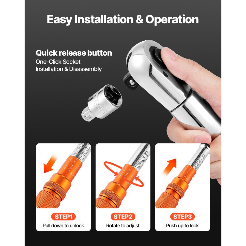 Click Torque Wrench 3/4" Drive 136-814N.m Two Way Torque Wrench Set with Dual Range Scales 48 Teeth ± 3% High Precision Alloy Steel for Car Repair Orange