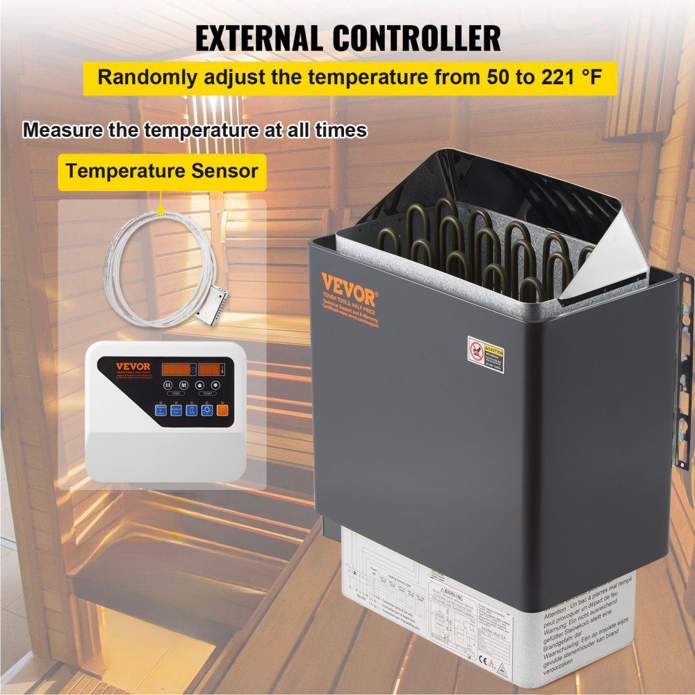 Saunaofen 9 KW, Sauna-Elektroherd 380 V – 415 V, Edelstahl-Saunaofen, elektrischer Saunaofen 2 Modi (Temperatur, Zeit), mit externem Steuergerät & 3M-Temperatursensor (Saunastein nicht im Lieferumfang enthalten)