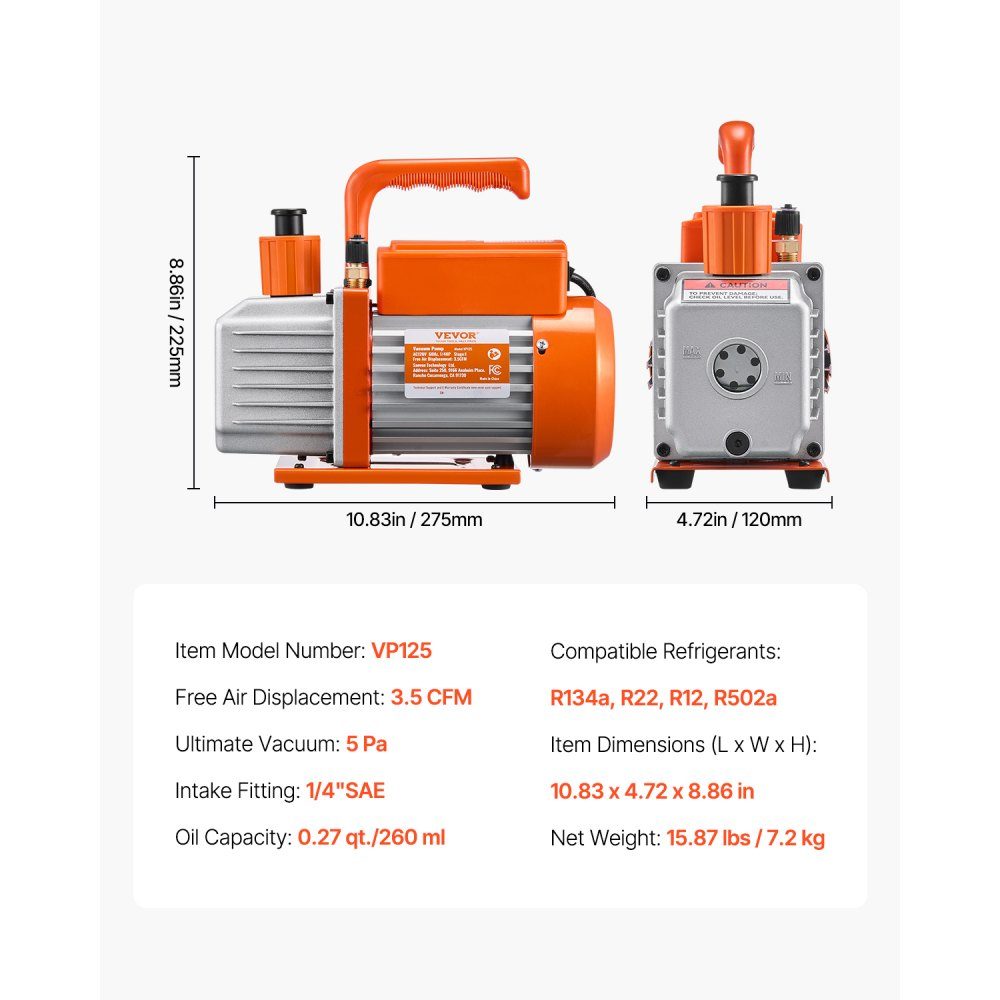 3,5 CFM AC-Vakuumpumpe und Manometer-Kit, einstufige Drehschieber-HVAC-Luftvakuumpumpe, A/C-Kältemittelverteiler-Manometer-Kit, mit Schläuchen, Klimaanlagenkühlung für R134a, R12, R22, R502a