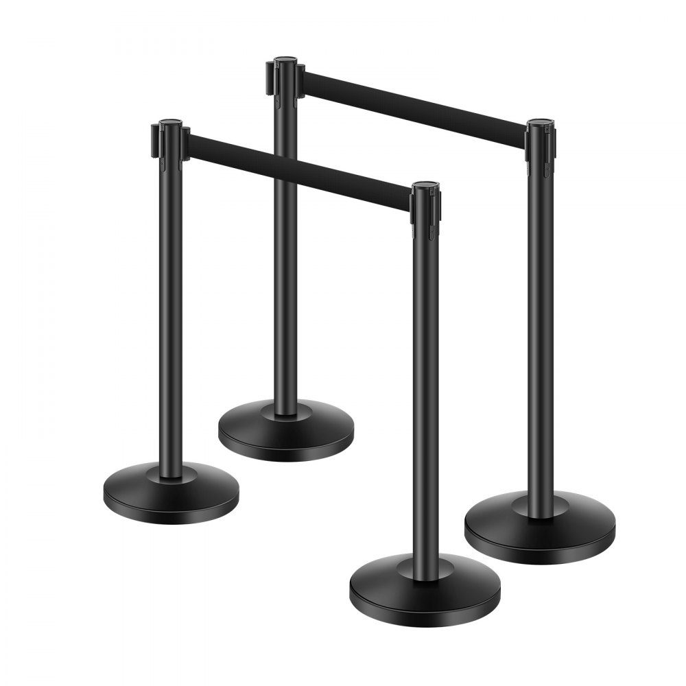Crowd Control Barrier Posts (Pack of 4) with 4 Retractable Straps, Carbon Steel Barrier Posts with Hollow Base for Weddings, Exhibitions, Black